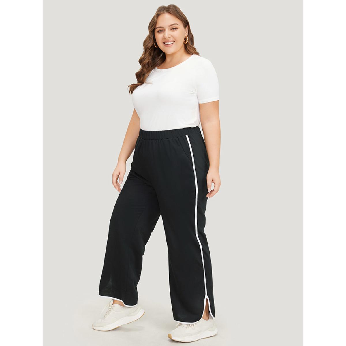 Contrast Pocket Seam Detail Split Hem Sweatpants Black Plus Size Women Casual Dailywear Contrast 12/L Bloomchic Product Image