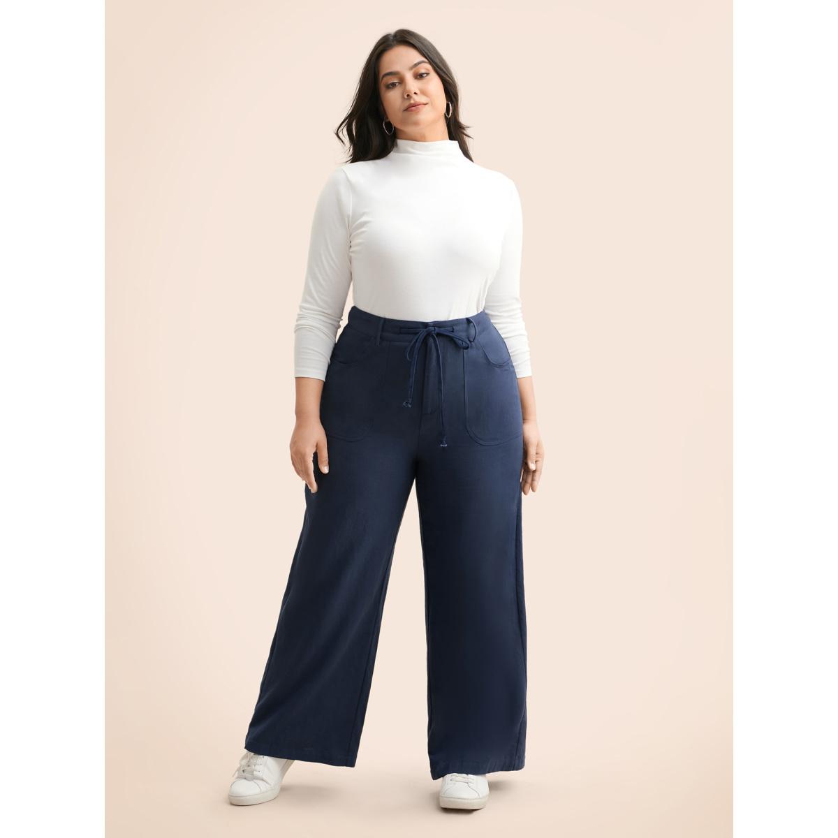 Plus Size Mid Rise Drawstring Wide Leg Pants Women Indigo Casual Wide Leg Mid Rise Everyday Pants BloomChic 12/L Product Image