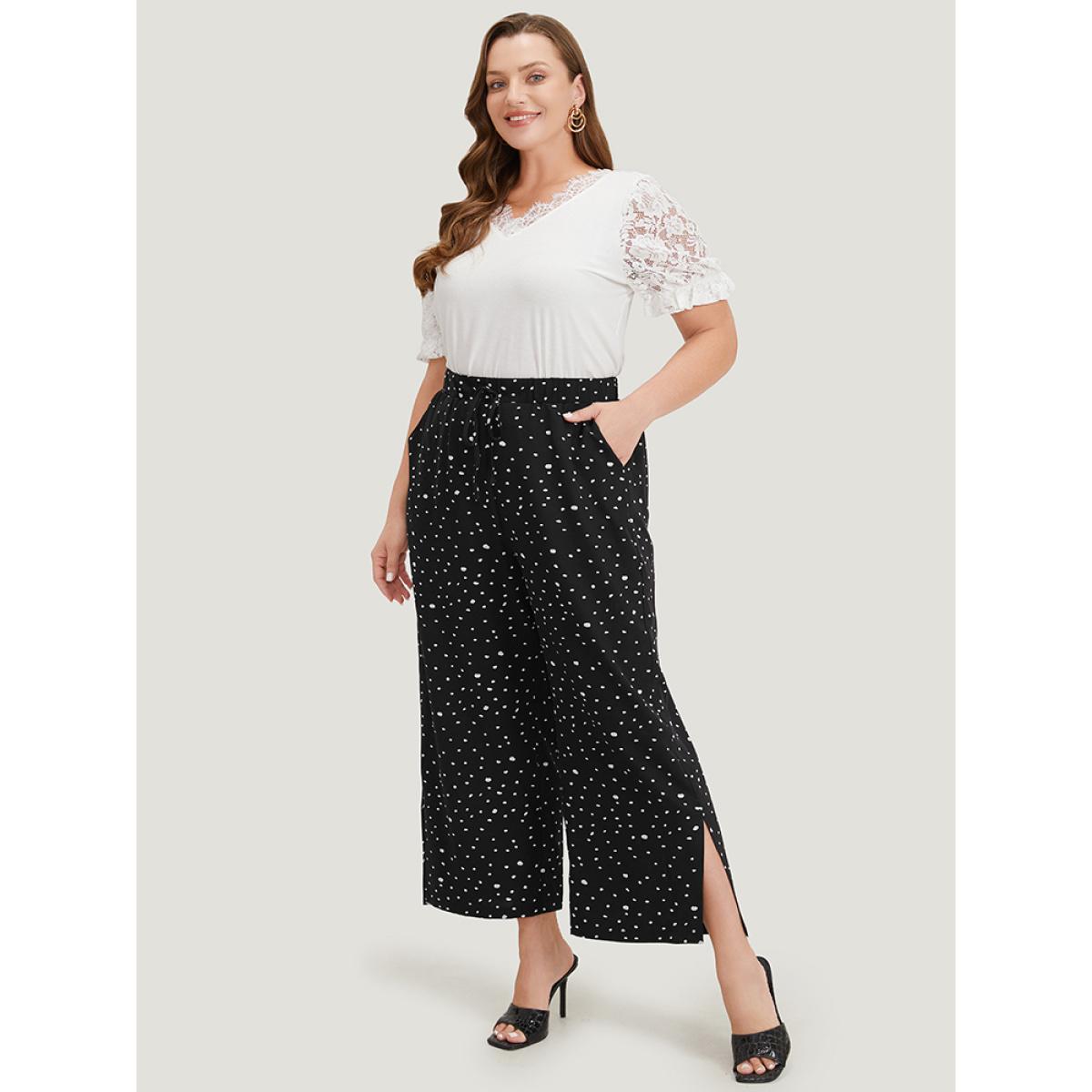 Plus Size Polka Dot Drawstring Pocket Split Hem Pants Women Black Elegant High Rise Dailywear Pants BloomChic 30/6X Product Image