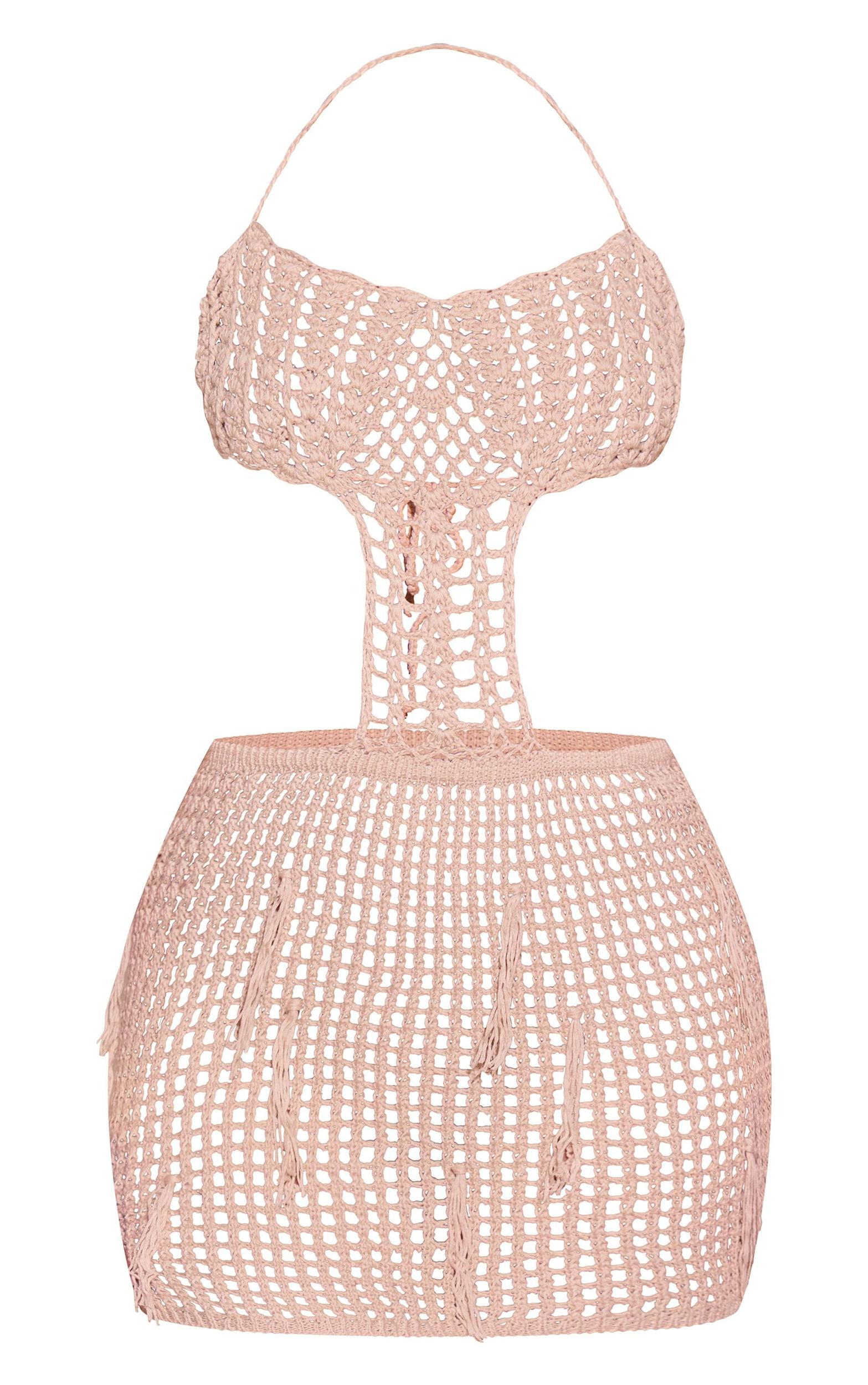 Beige Crochet Cut Out Tassel Beach Dress Product Image