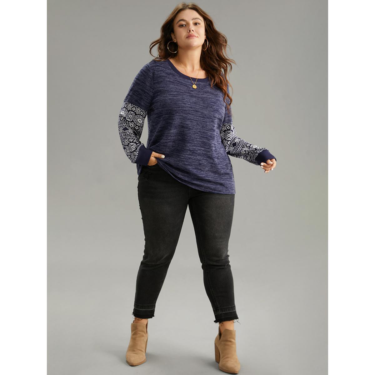 Plus Size Boho Print Patchwork Heather Rib Knit Sweatshirt Women Navy Casual Non Round Neck Everyday Sweatshirts BloomChic 12/L Product Image