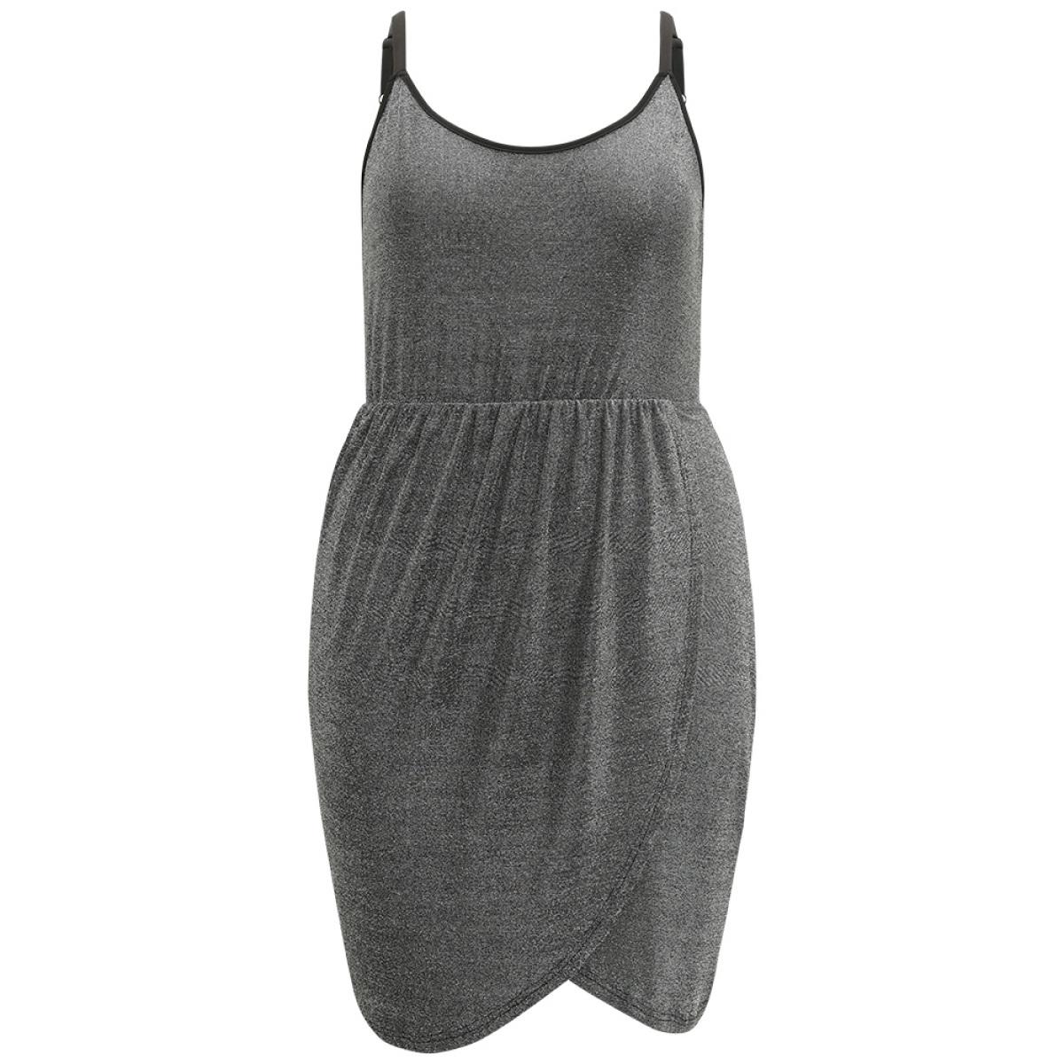 Plus Size Plain Pleated Detail Wrap Hem Cami Dress DimGray Women Party Adjustable Straps Spaghetti Strap Sleeveless Curvy Knee Dress BloomChic 12/L Product Image