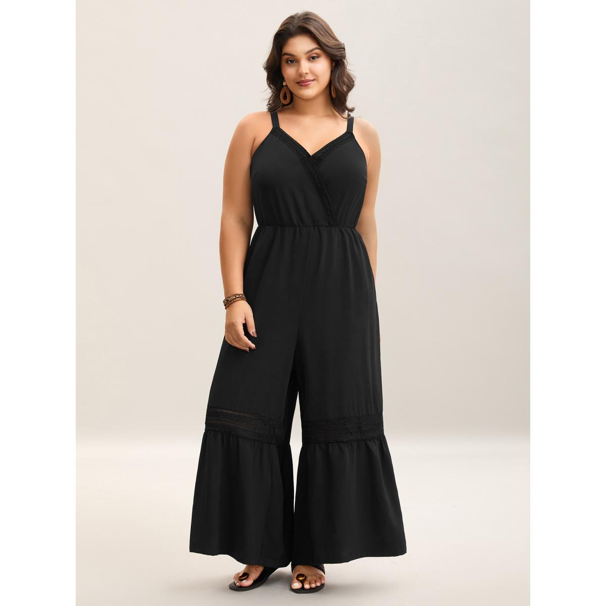 Plus Size Black Lace Trim Solid Wide Leg Jumpsuit Women Sleeveless Non Vacation Loose Jumpsuits BloomChic 10/M Product Image