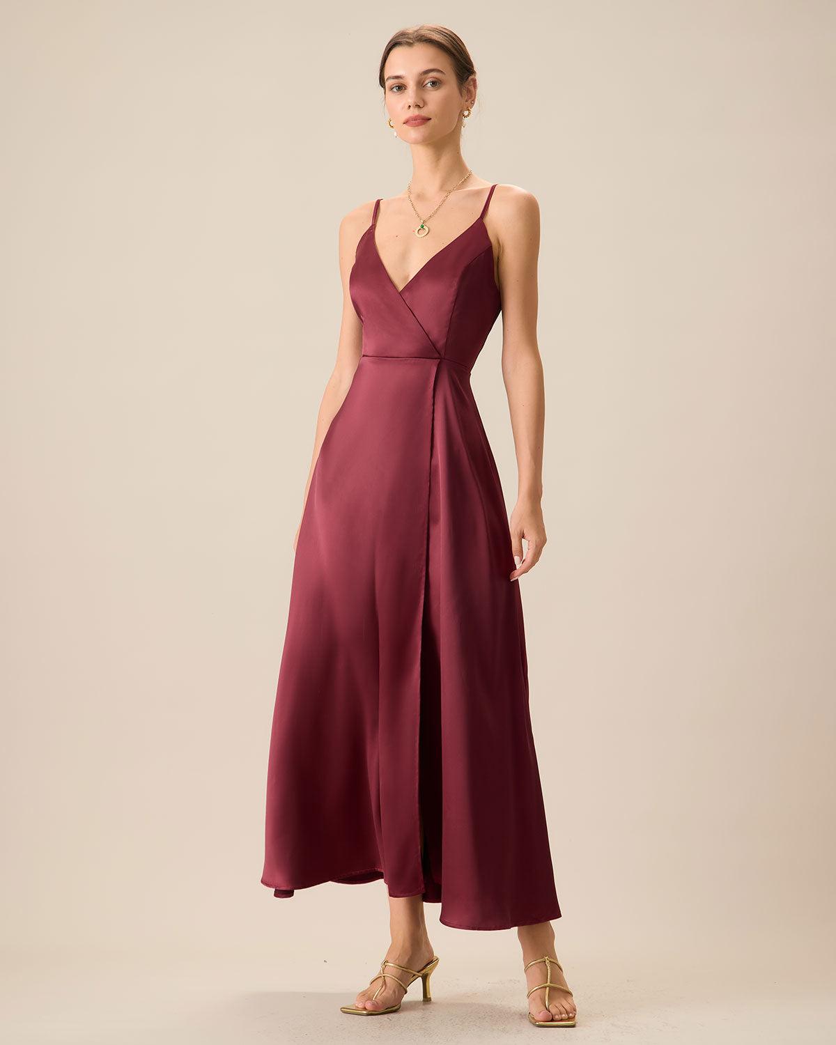 Red Satin Slit Maxi Dress Product Image