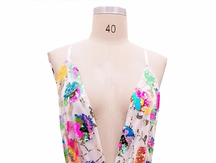 Spaghetti-Strap V-Neck Sequin Mini A-Line Dress Product Image