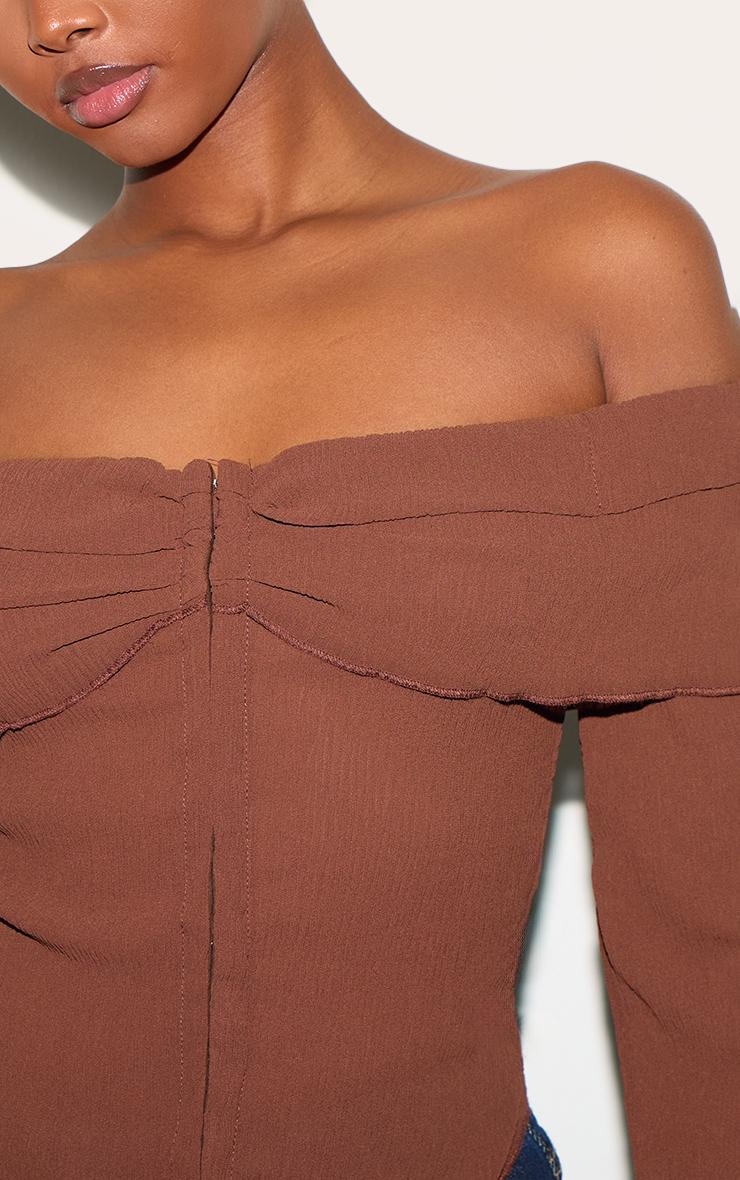 Chocolate Plisse Chiffon Bardot Blouse Product Image