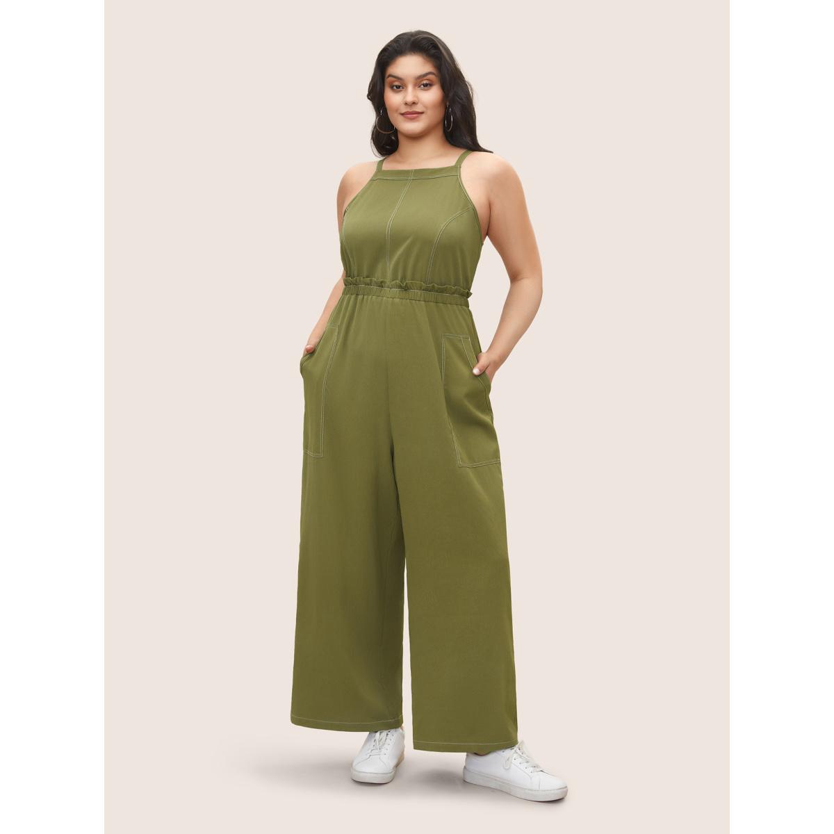 Plus Size ArmyGreen Plain Tucked Seam Frill Trim Jumpsuit Women Casual Sleeveless Non Everyday Loose Jumpsuits BloomChic 26/4X Product Image
