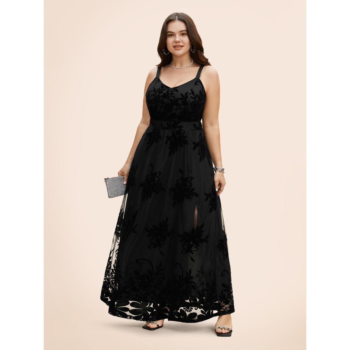 Plus Size Floral Flocked Tulle Split Hem Dress Black Women Formal Texture V-neck Sleeveless Curvy BloomChic 30/6X Product Image