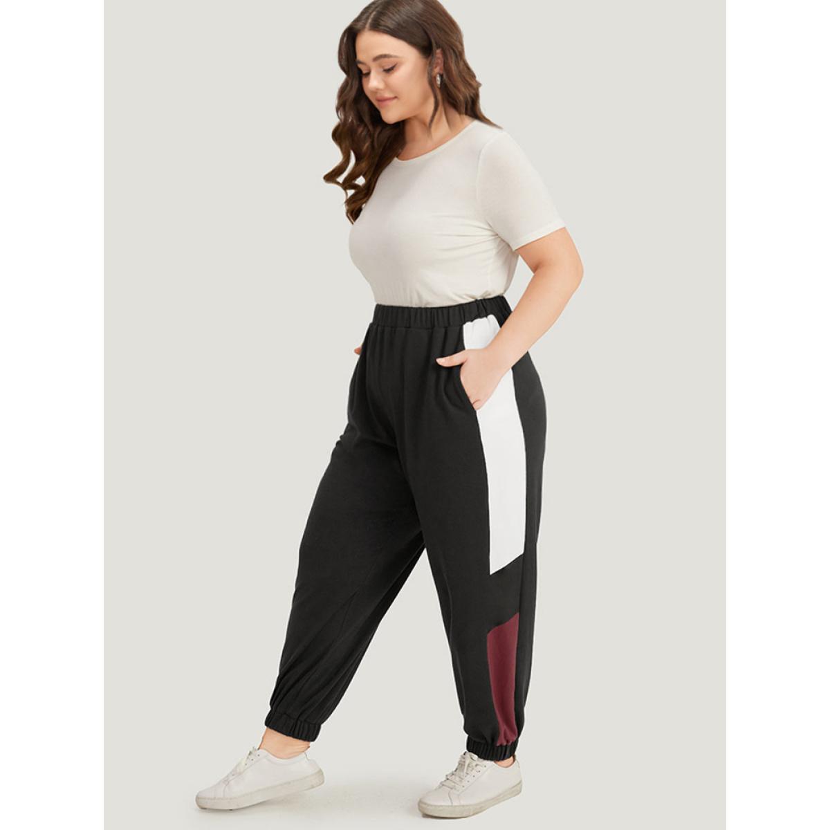 Contrast Patchwork Pocket Elastic Waist Carrot Sweatpants Black Plus Size Women Casual Dailywear Contrast 12/L Bloomchic Product Image