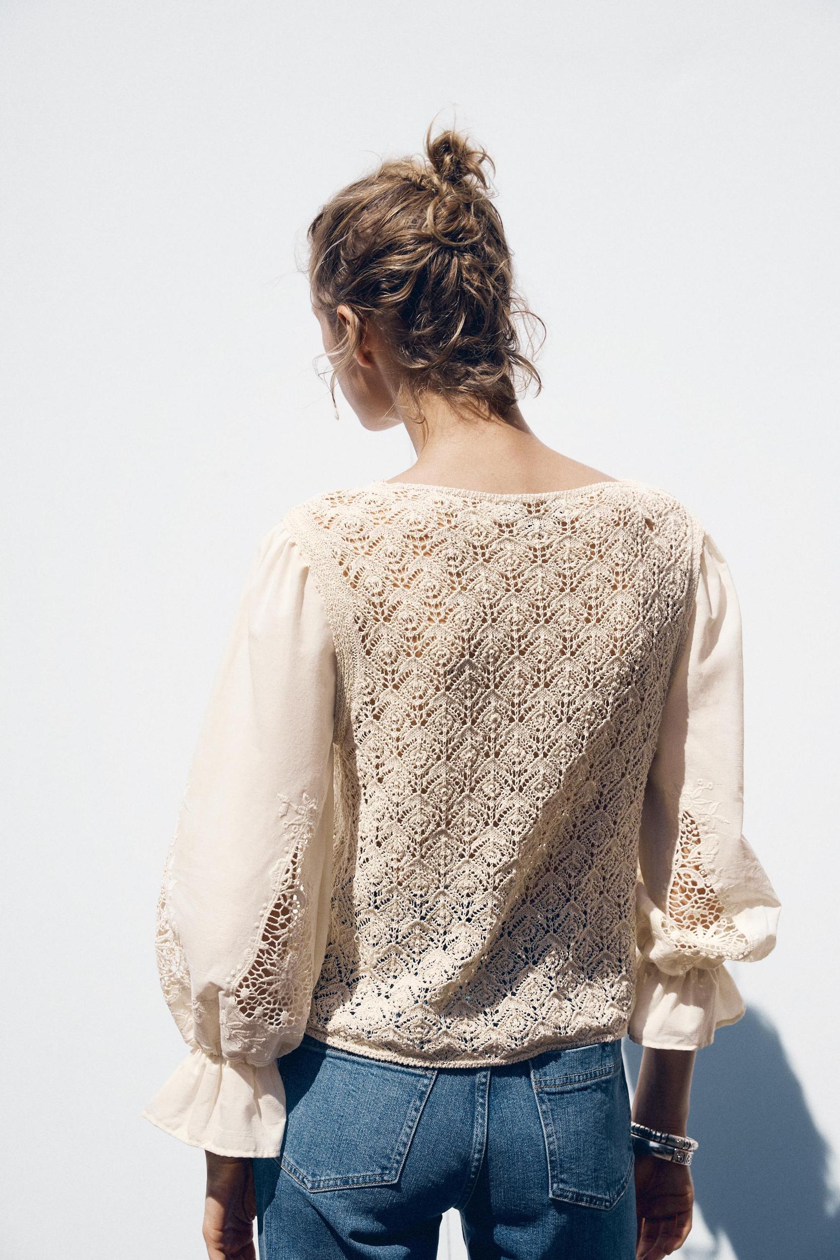 POINTELLE KNIT SWEATER WITH CONTRASTING SLEEVES Product Image