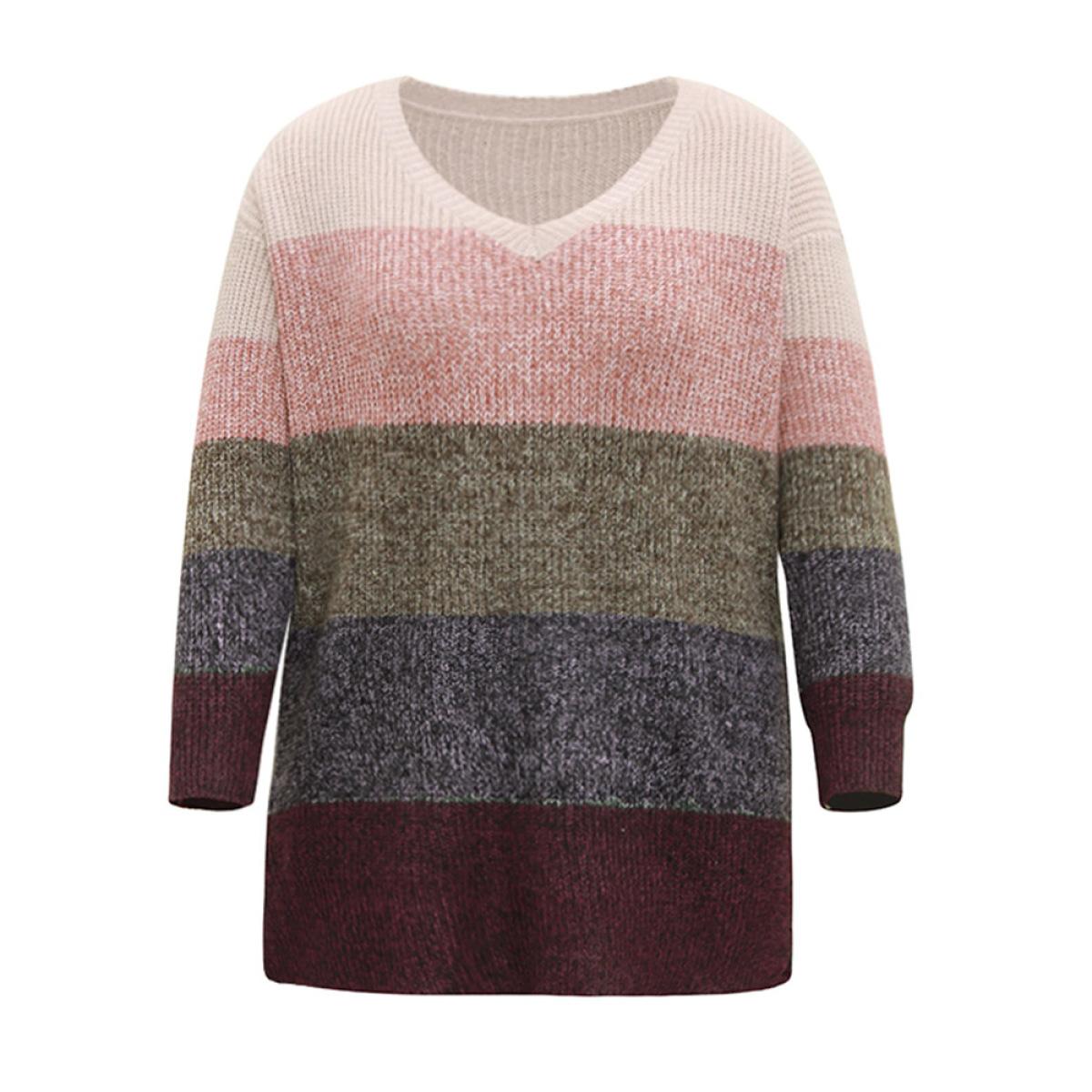 Plus Size Heather Colorblock V Neck Split Hem Pullover Multicolor Women Casual Loose Long Sleeve V-neck Dailywear Pullovers BloomChic 14-16/1X Product Image