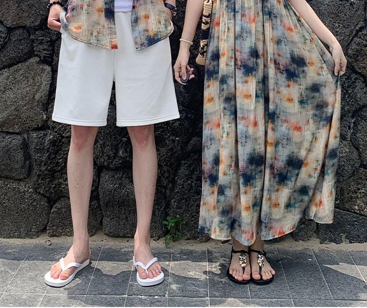 Couple Matching Short-Sleeve Collared Tie-Dye Button Up Shirt / Spaghetti Strap V-Neck Tie-Dye Maxi A-Line Dress / Plain Shorts Product Image