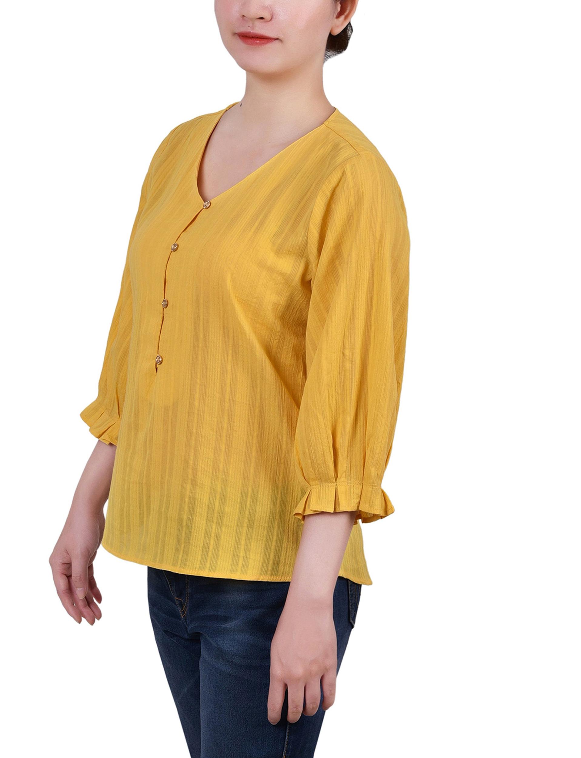 Yellow 3/4 Sleeve Button Placket Jacquard Blouse - Petite Product Image