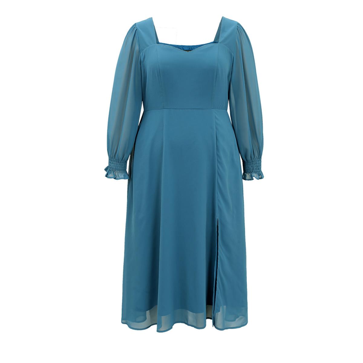 Plus Size Chiffon Square Neck Shirred Lantern Sleeve Split Hem Dress Aegean Women Glamour Plain Square Neck Long Sleeve Curvy Midi Dress BloomChic 18-20/2X Product Image