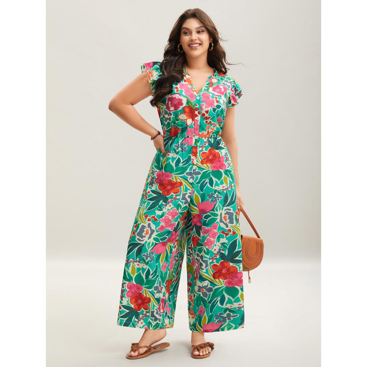 Plus Size Malachitegreen Sunkissed Floral Print Button Wide-Leg Jumpsuit Women Resort Cap Sleeve Notched collar Vacation Loose Jumpsuits BloomChic 12/L Product Image