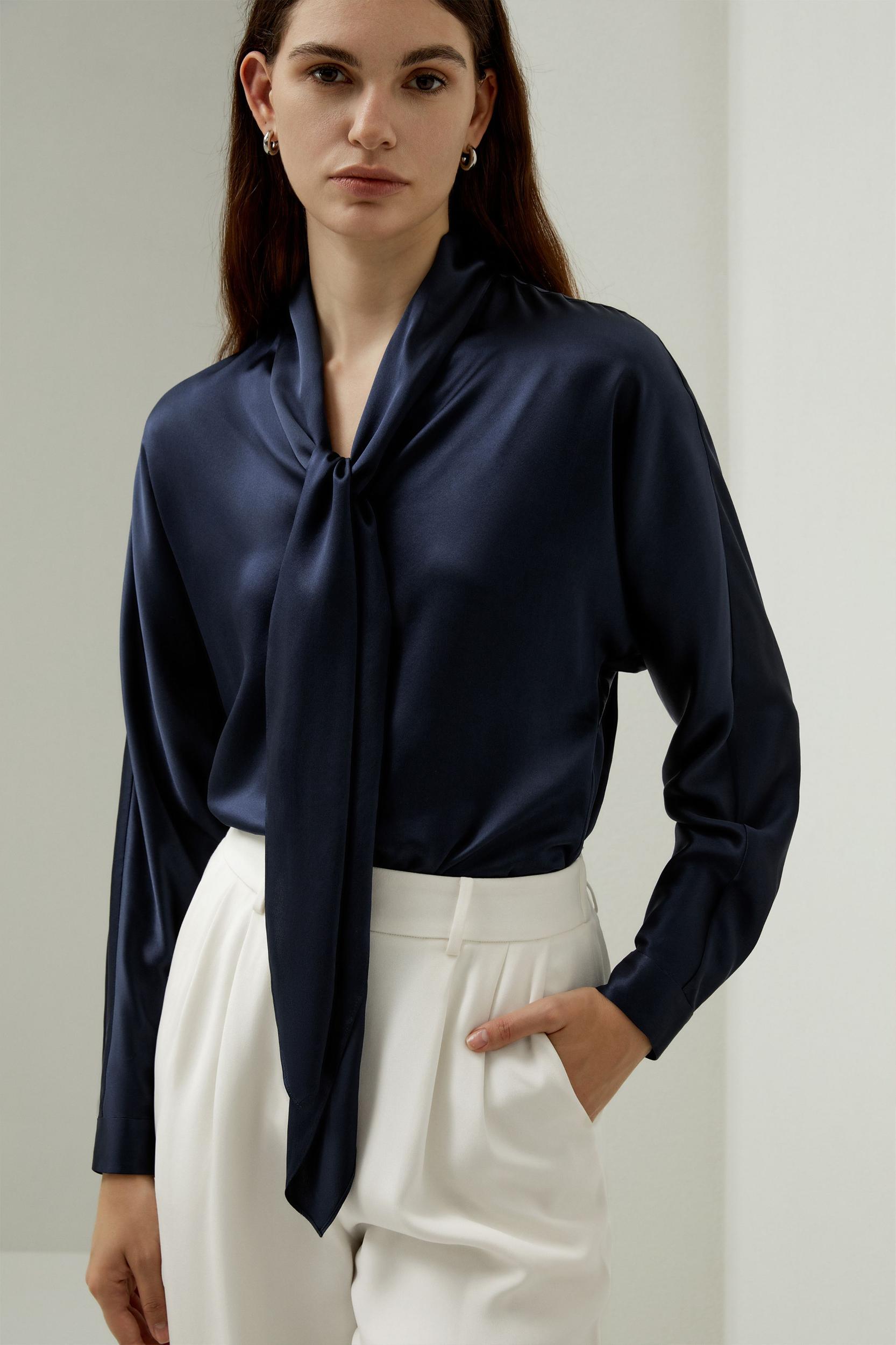 Batwing Silk Top with Adjustable Neck Tie Product Image