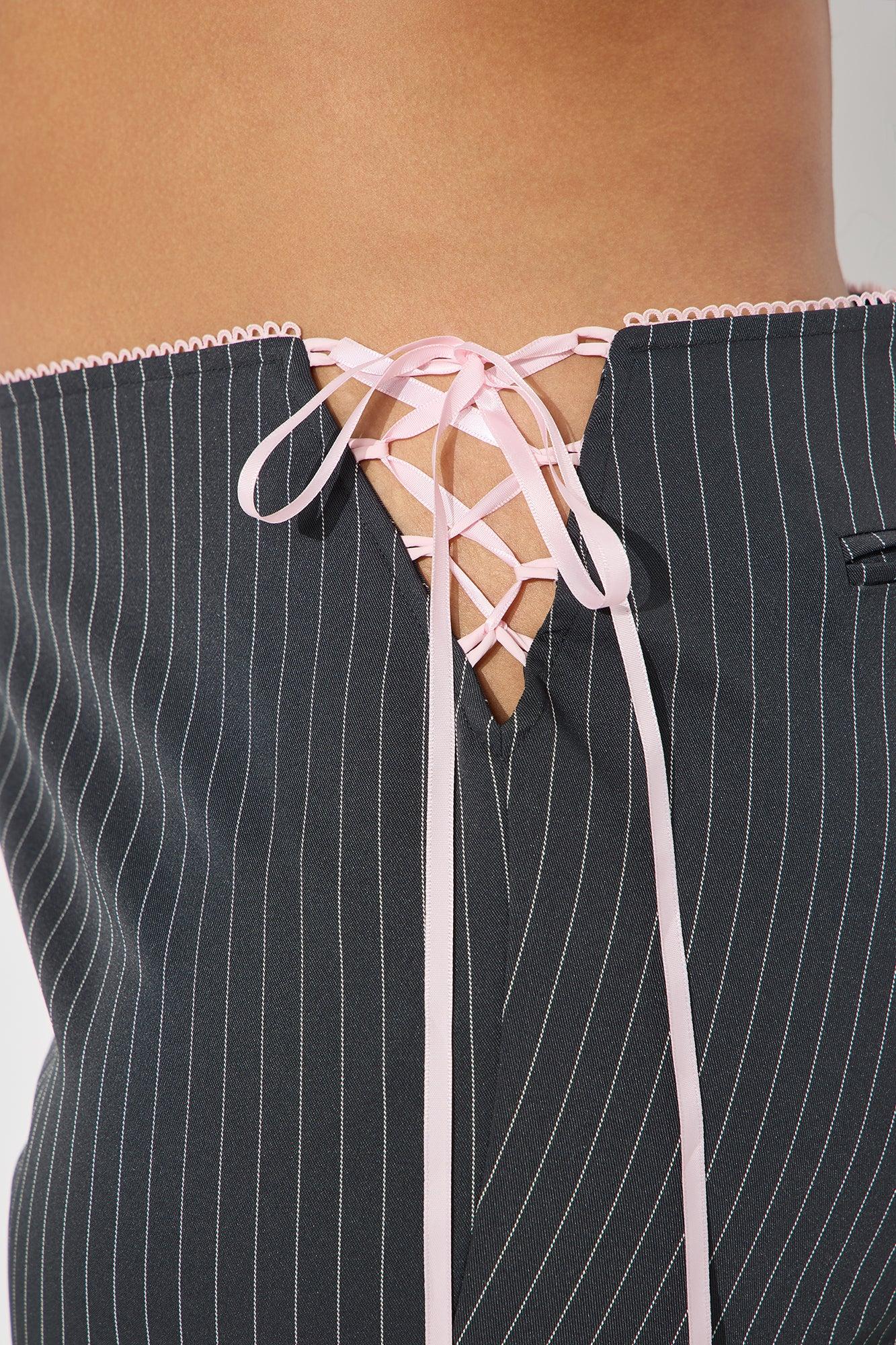 Sweet And Sassy Lace Up Pinstripe Flare Pant - Charcoal Female Product Image