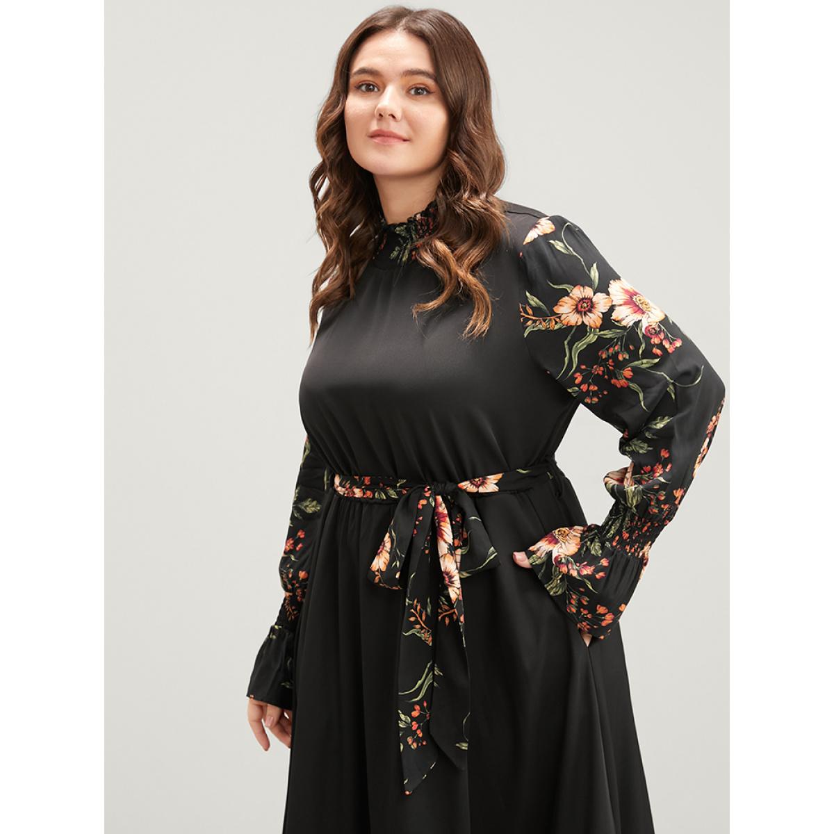 Plus Size Floral Patchwork Lantern Sleeve Pocket Belted Shirred Mock Neck Dress Black Women Elegant Patchwork Mock Neck Long Sleeve Curvy Midi Dress BloomChic 14-16/1X Product Image