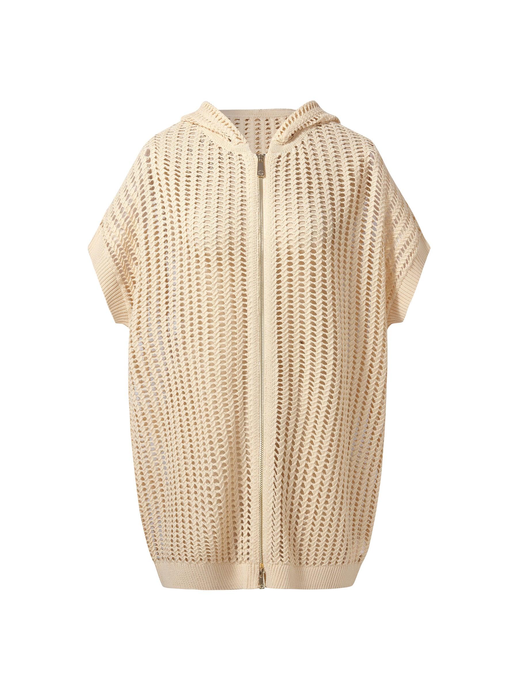 Sequins Stretch Zip-Up Women Openwork Hooded Cardigan Product Image