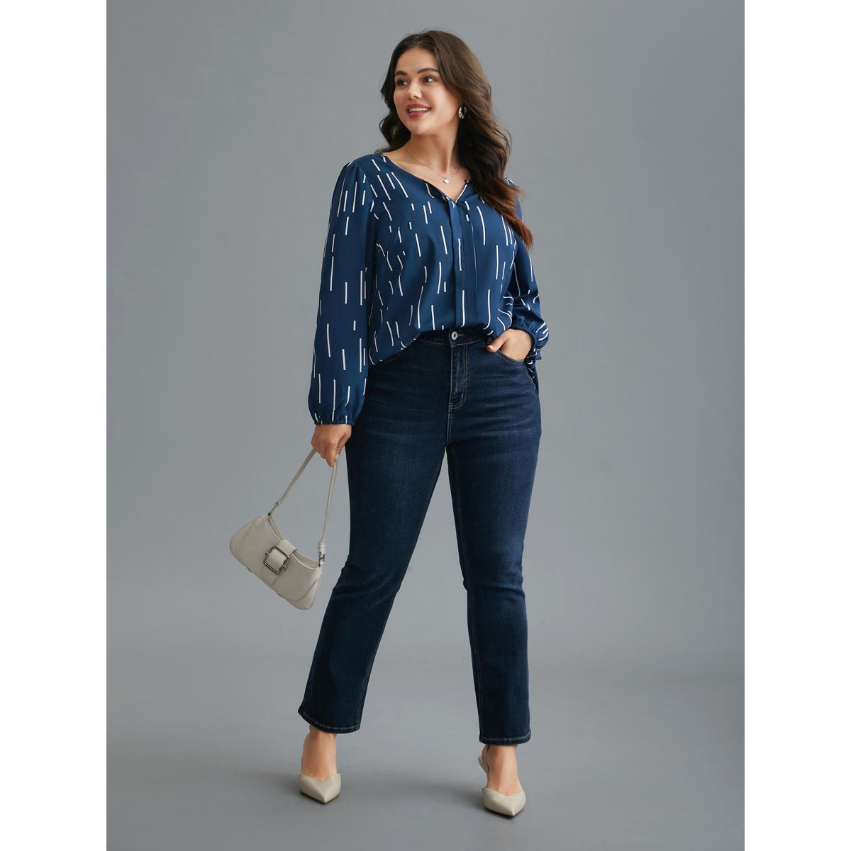Plus Size Indigo Geometric Print Notched Collar Blouse Women At the Office Long Sleeve Notched collar Work Blouses BloomChic 22-24/3X Product Image