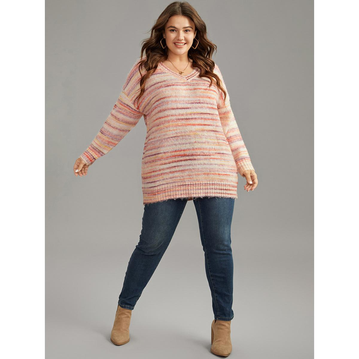 Plus Size Ombre Heather Drop Shoulder Pullover Multicolor Women Casual Loose Long Sleeve V-neck Everyday Pullovers BloomChic 14-16/1X Product Image
