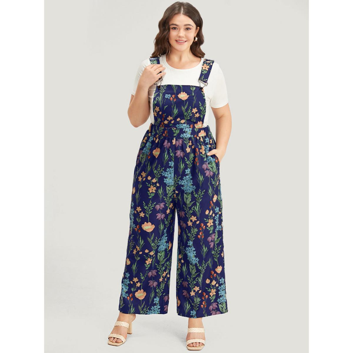 Plus Size Navy Floral Pocket Adjustable Straps Gathered Jumpsuit Women Elegant Sleeveless Spaghetti Strap Dailywear Loose Jumpsuits BloomChic 22-24/3X Product Image