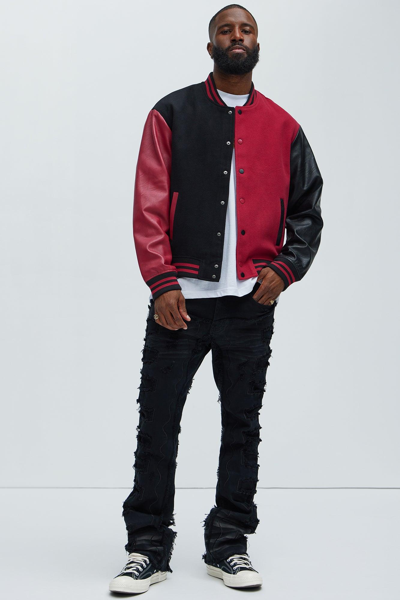 For The Books Faux Leather Sleeves Colorblock Varsity Jacket - Black/Red Product Image