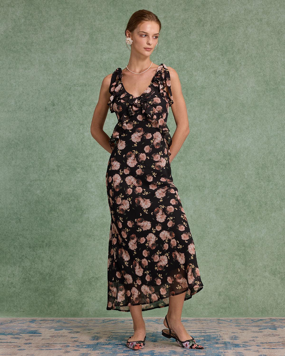 Black Floral Ruffle Sleeveless Maxi Dress Product Image