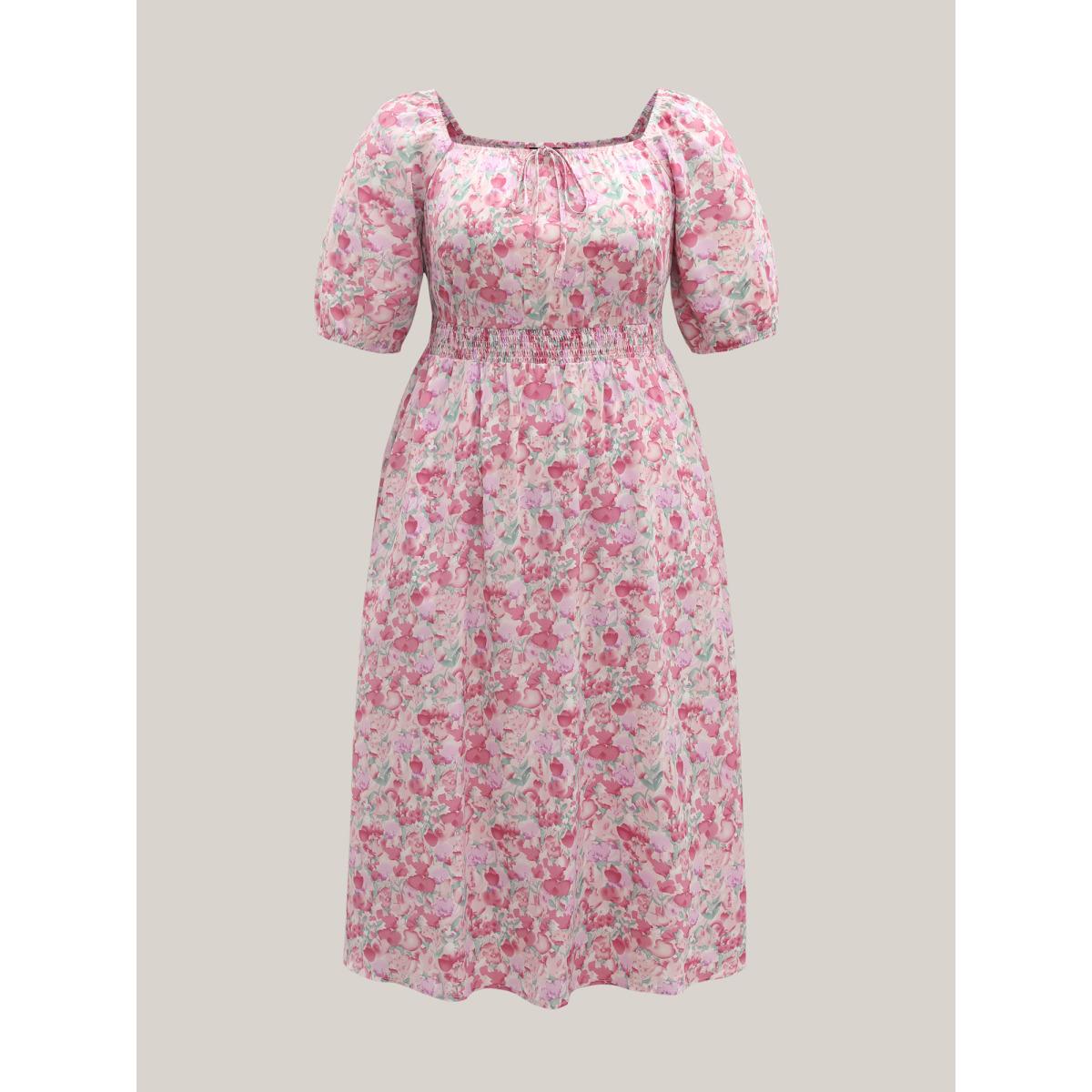 Plus Size Floral Print Shirred Waist Pockets Midi Dress Blush Women Timeless Tie knot Square Neck Half Sleeve Curvy BloomChic 30/6X Product Image