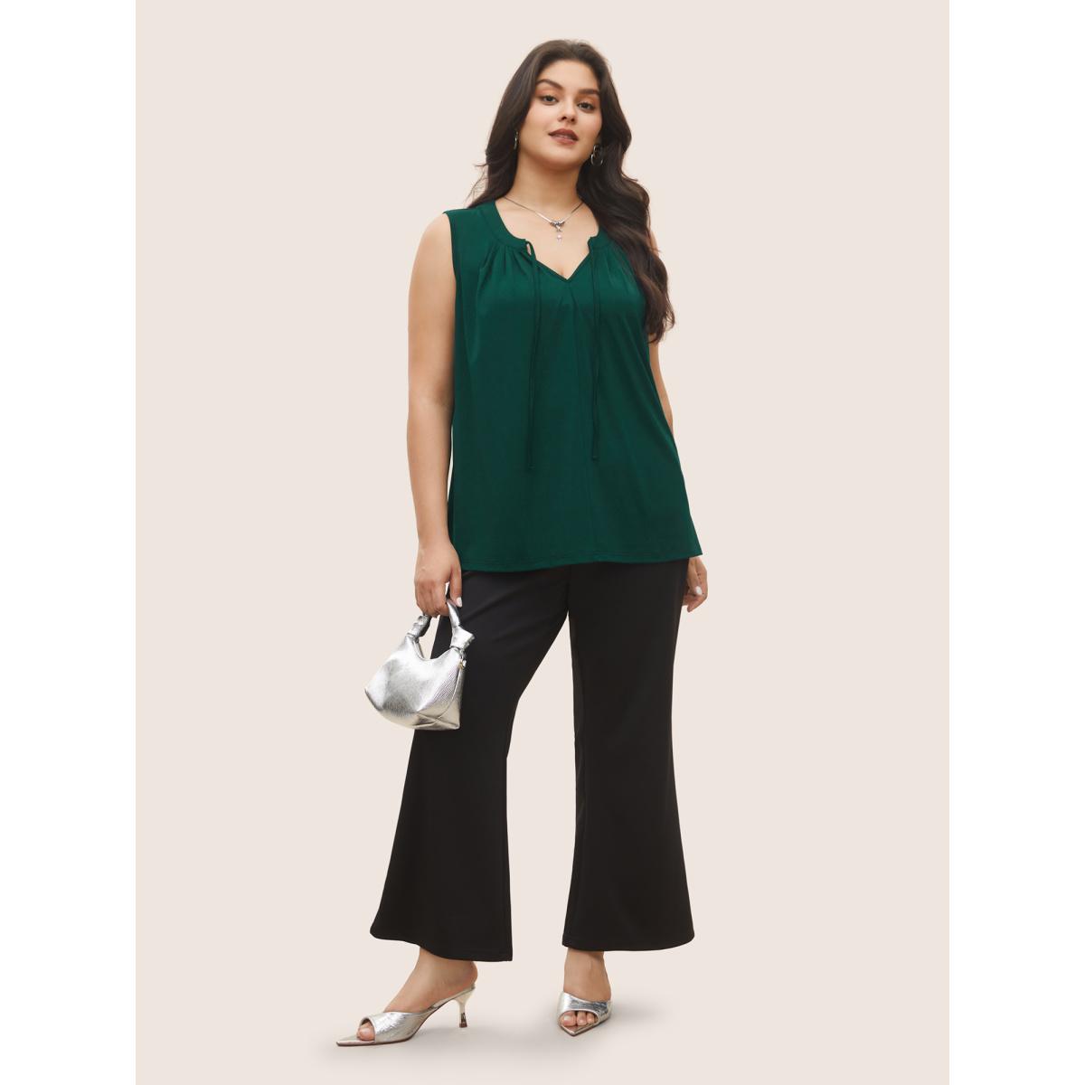 Plus Size Plain Tie Neck Plicated Detail Tank Top Women DarkGreen Work From Home Pleated Notched collar Work Tank Tops Camis BloomChic 28/5X Product Image