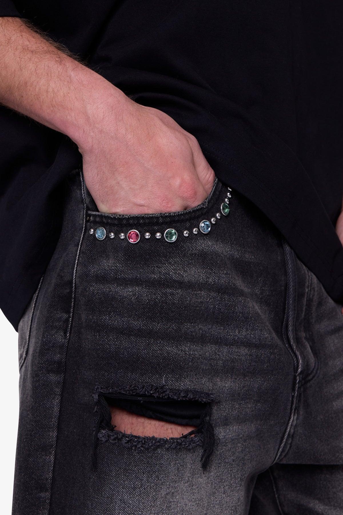 Distressed Spider Denim Shorts - Washed Black Product Image