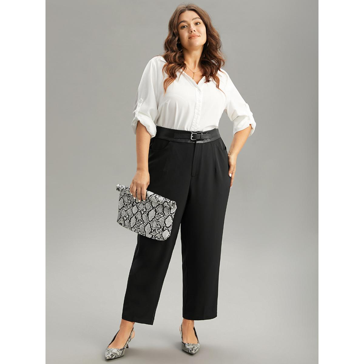 Plus Size Static-Free PU Leather Buckle Detail Pants Women Black Office High Rise Office Pants BloomChic 18-20/2X Product Image