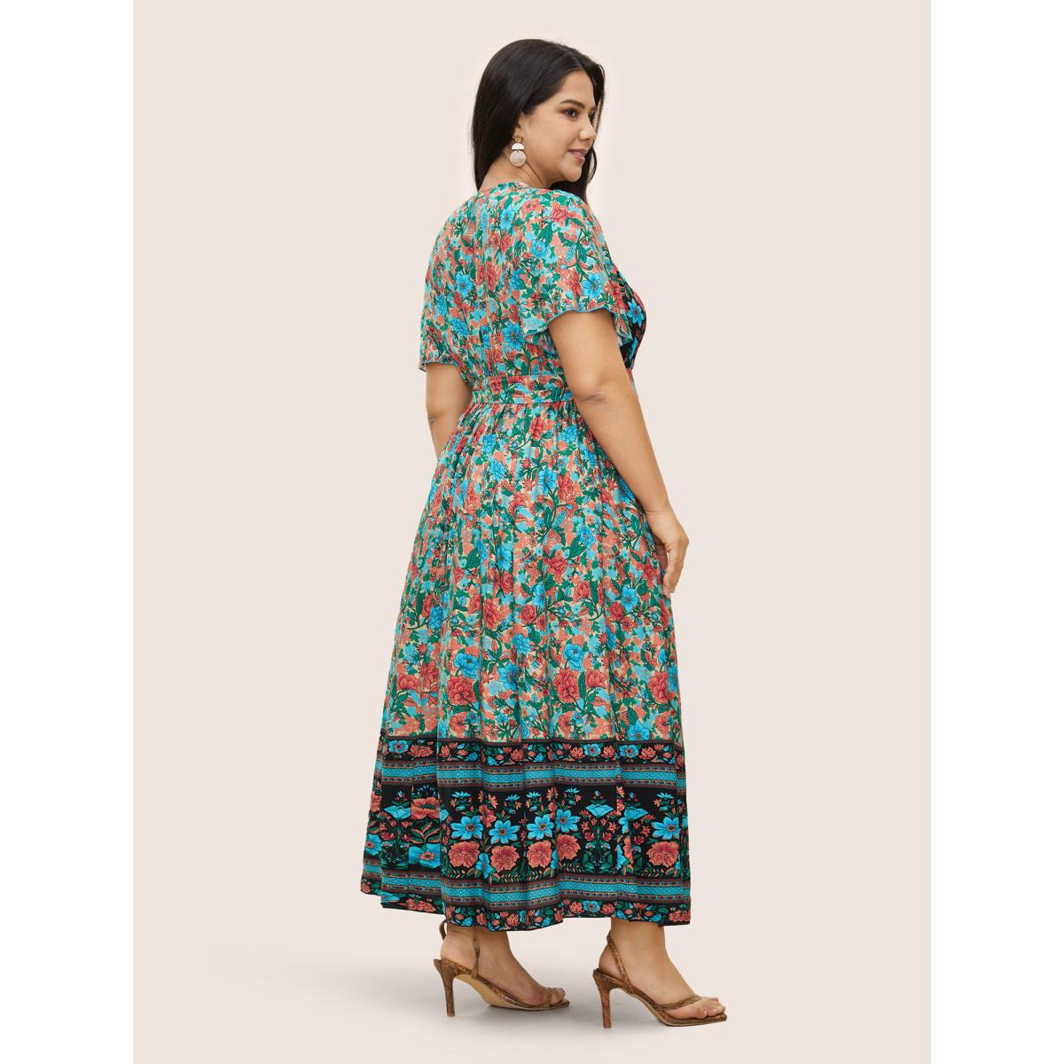 Plus Size Bandana Surplice Neck Pocket Belted Flutter Hem Maxi Dress Multicolor Women Boho Non V-neck Short sleeve Curvy Long Dress BloomChic 30/6X Product Image