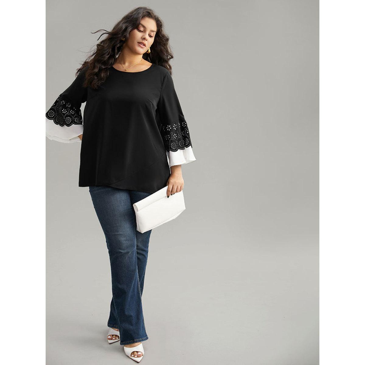Plus Size Black Anti-Wrinkle Laser Cut Contrast Ruffles Blouse Women Office Long Sleeve Round Neck Office Blouses BloomChic 12/L Product Image