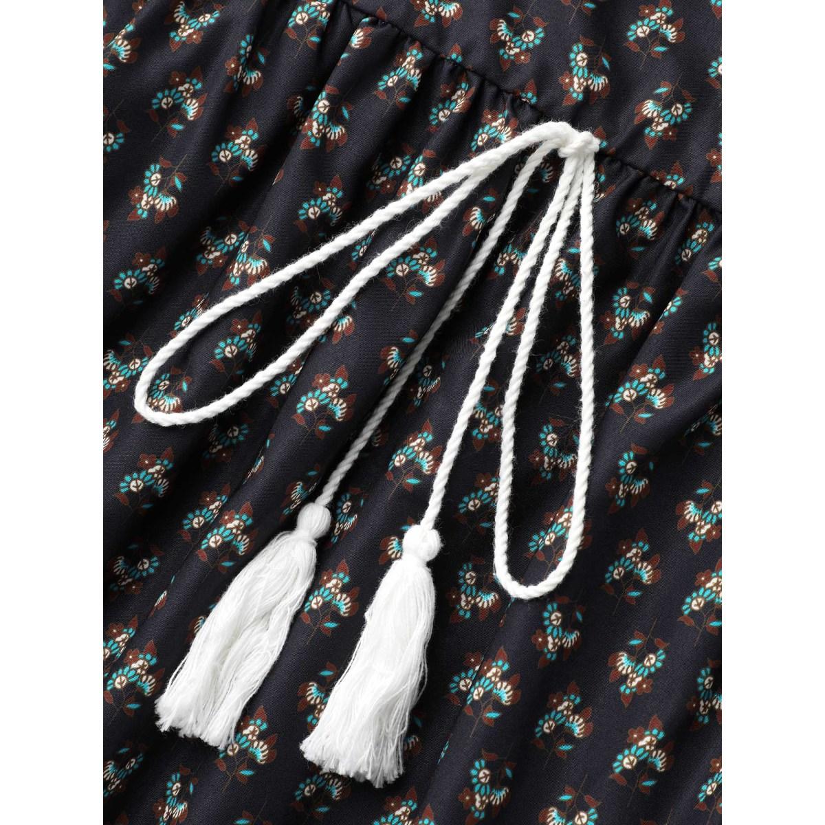 Plus Size Boho Print Tassel-Tie Pockets Midi Dress DarkBlue Women Resort Woven ribbon&lace trim V-neck Short sleeve Curvy BloomChic 18-20/2X Product Image