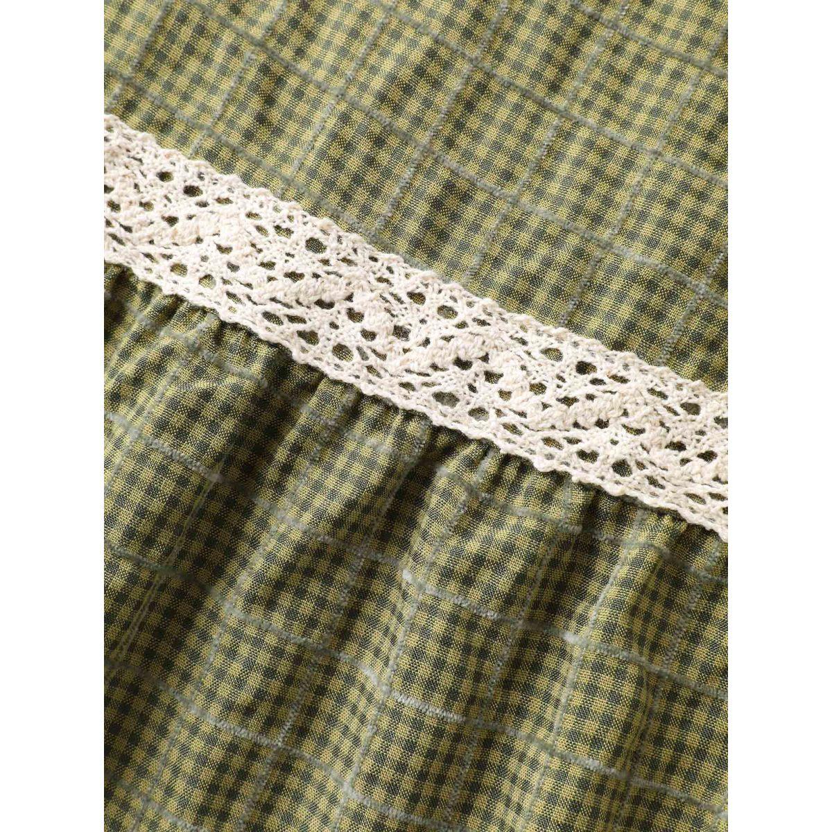 Plus Size Plaid Shirred Lace Trim Tiered Maxi Dress Moss Women Leisure Square Neck Cap Sleeve Curvy BloomChic 10/M Product Image