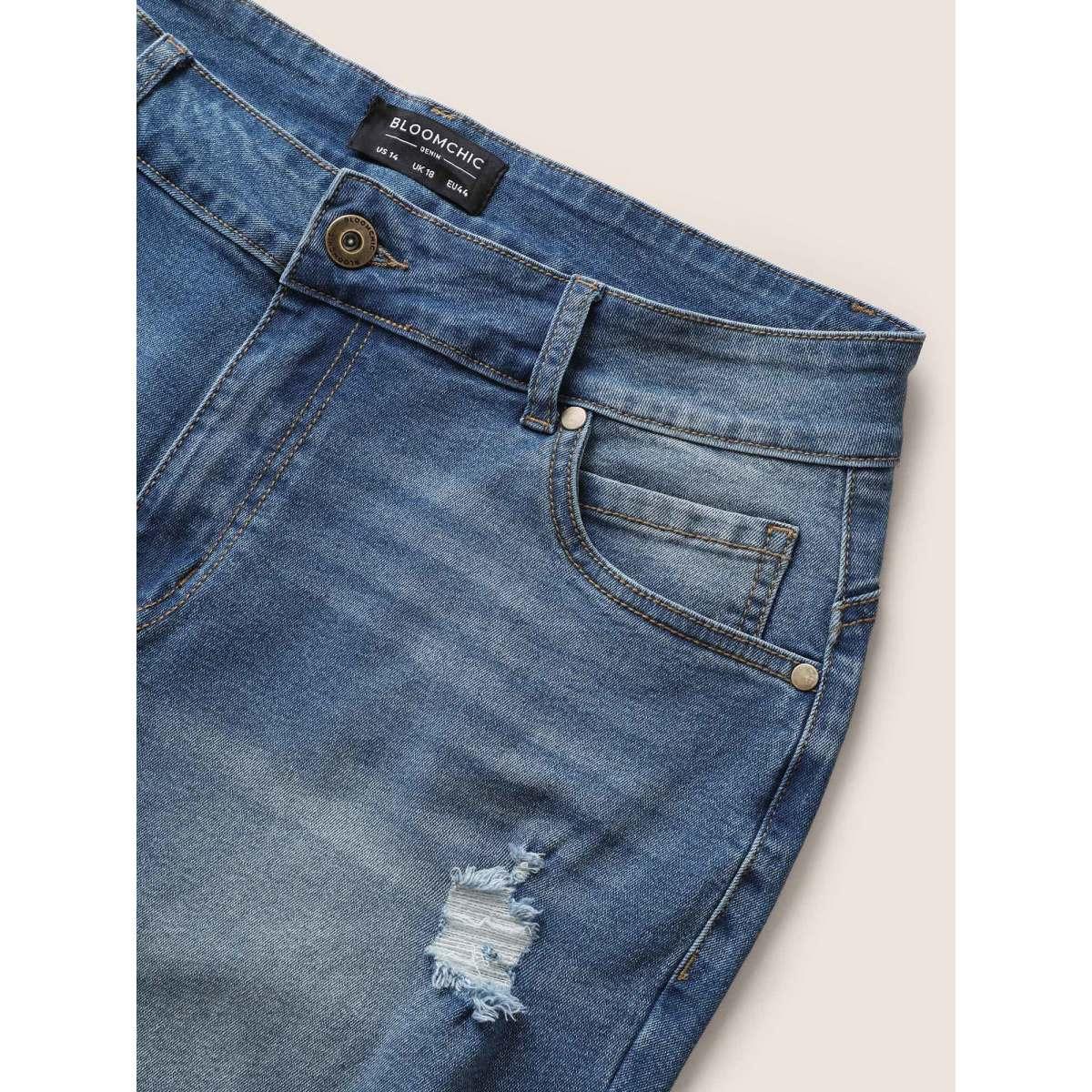 Plus Size Light Wash Distressed Roll Hem Jeans Women Blue Casual Roll Hem High stretch Pocket Jeans BloomChic 16/1X Product Image