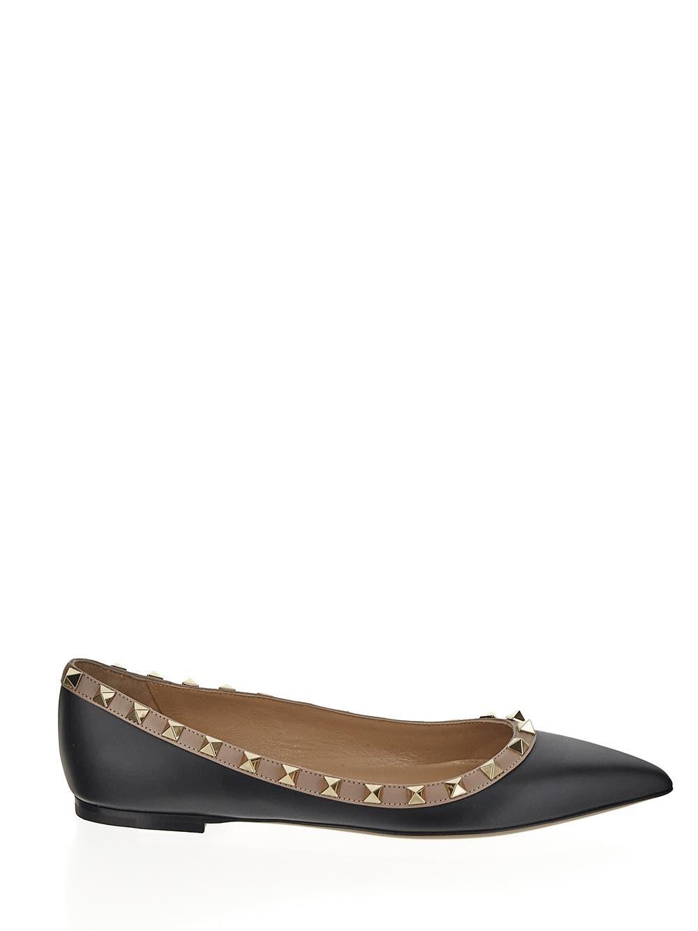 VALENTINO GARAVANI Pointed Toe Studded Trim Flat Sole Ballerina In Black Product Image
