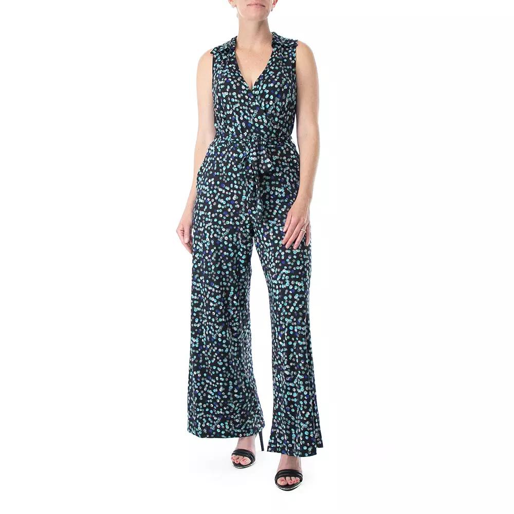 Women's Nina Leonard Print Collared Sleeveless Surplice Wide-Leg Jumpsuit, Size: Small, Black Rift Team Product Image