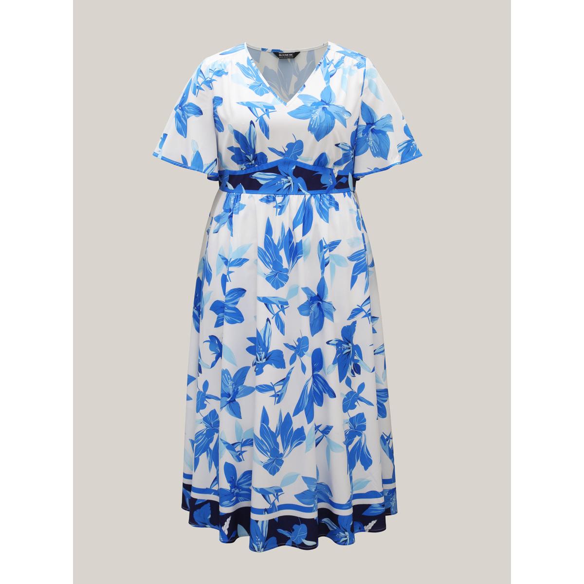 Plus Size Positioned Floral Waist-Cinched Midi Dress DarkBlue Women Elegant Gathered V-neck Half Sleeve Curvy BloomChic 22-24/3X Product Image