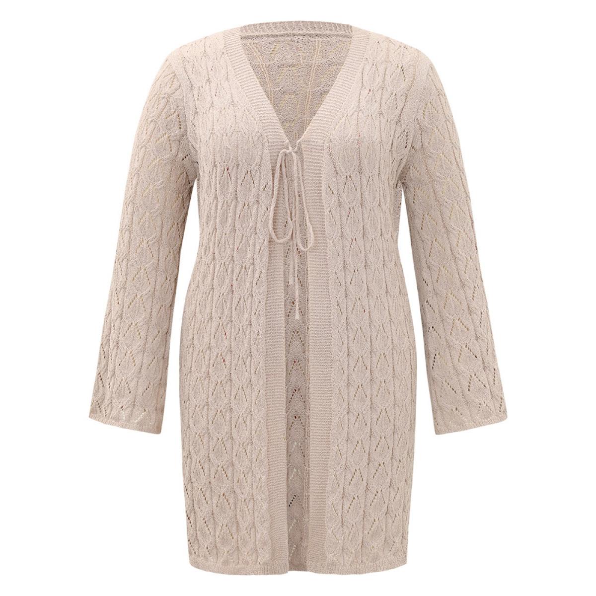 Plus Size Geometric Eyelet Tie Front Bell Sleeve Tunic Cardigan LightBrown Women Casual Loose Long Sleeve Dailywear Cardigans BloomChic 18-20/2X Product Image