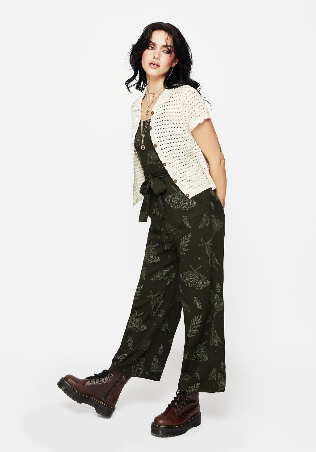 Callopistria Moth Print Wide Leg Jumpsuit - Green Product Image