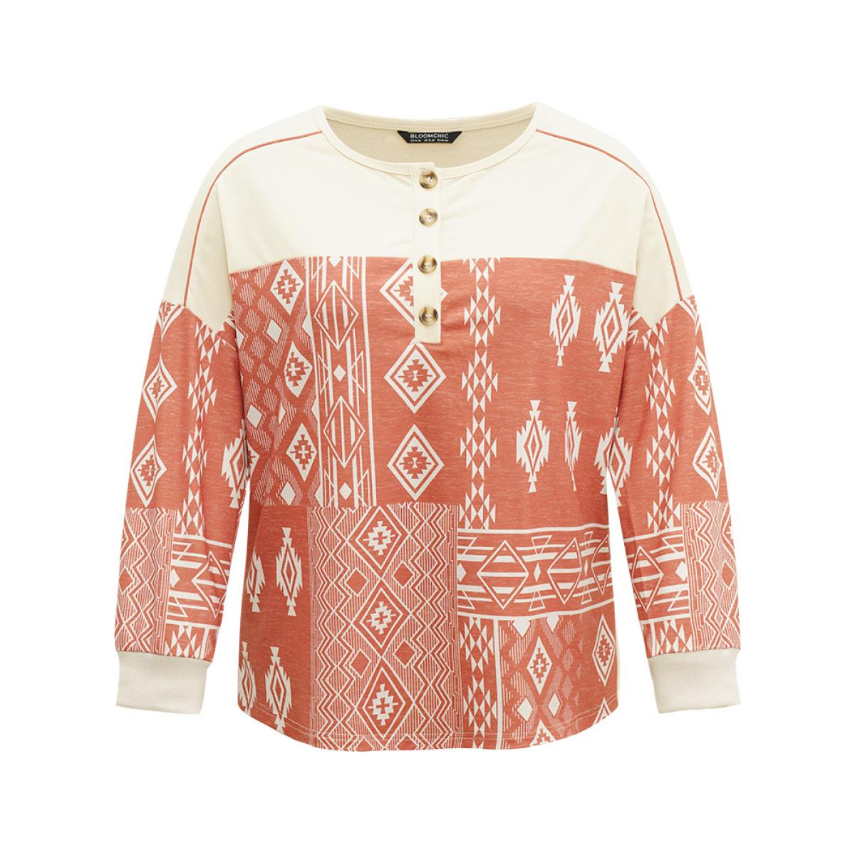 Plus Size Boho Print Patchwork Contrast Button Up Sweatshirt Women Multicolor Casual Contrast Open Front Dailywear Sweatshirts BloomChic 18-20/2X Product Image