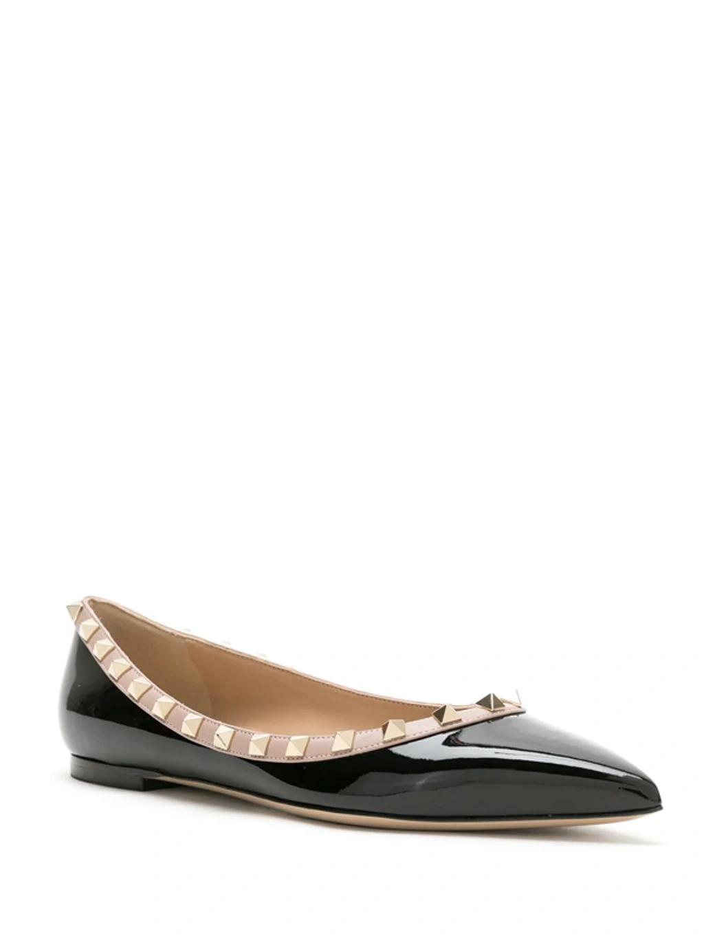 VALENTINO GARAVANI Pointed Toe Studded Trim Flat Sole Ballerina In Black Product Image