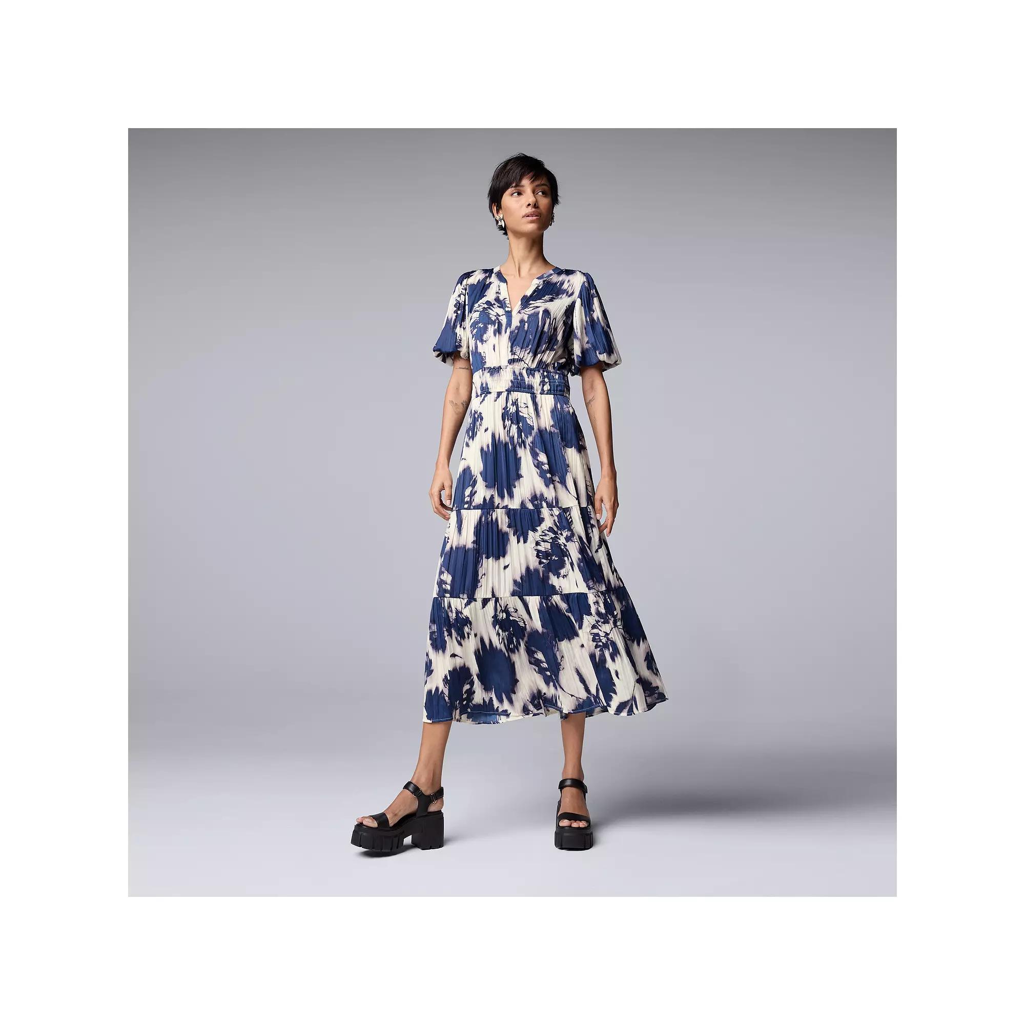 Women's Simply Vera Vera Wang Short Sleeve Maxi Dress, Size: Medium, Beige Navy Floral Product Image