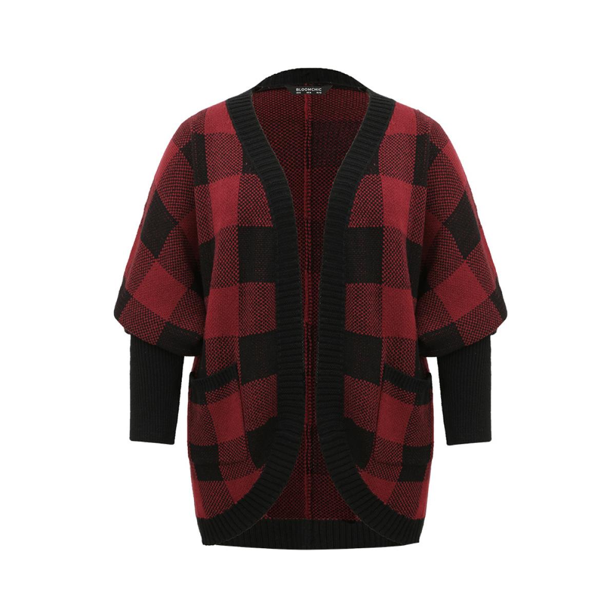 Plus Size Plaid Contrast Open Front Dolman Sleeve Cardigan Scarlet Women Casual Loose Long Sleeve Dailywear Cardigans BloomChic 30/6X Product Image