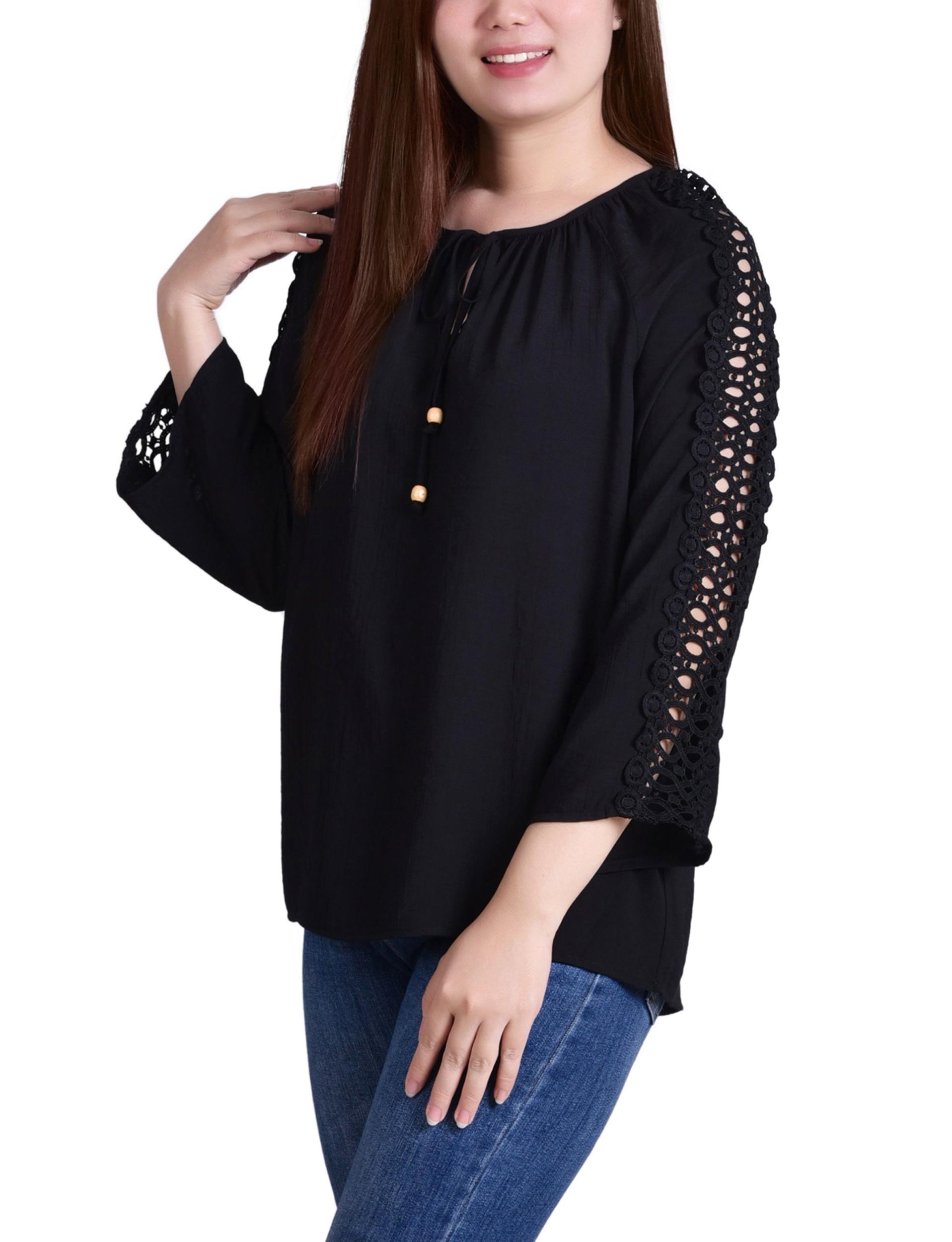 Black 3/4 Sleeve Peasant Blouse - Petite Product Image