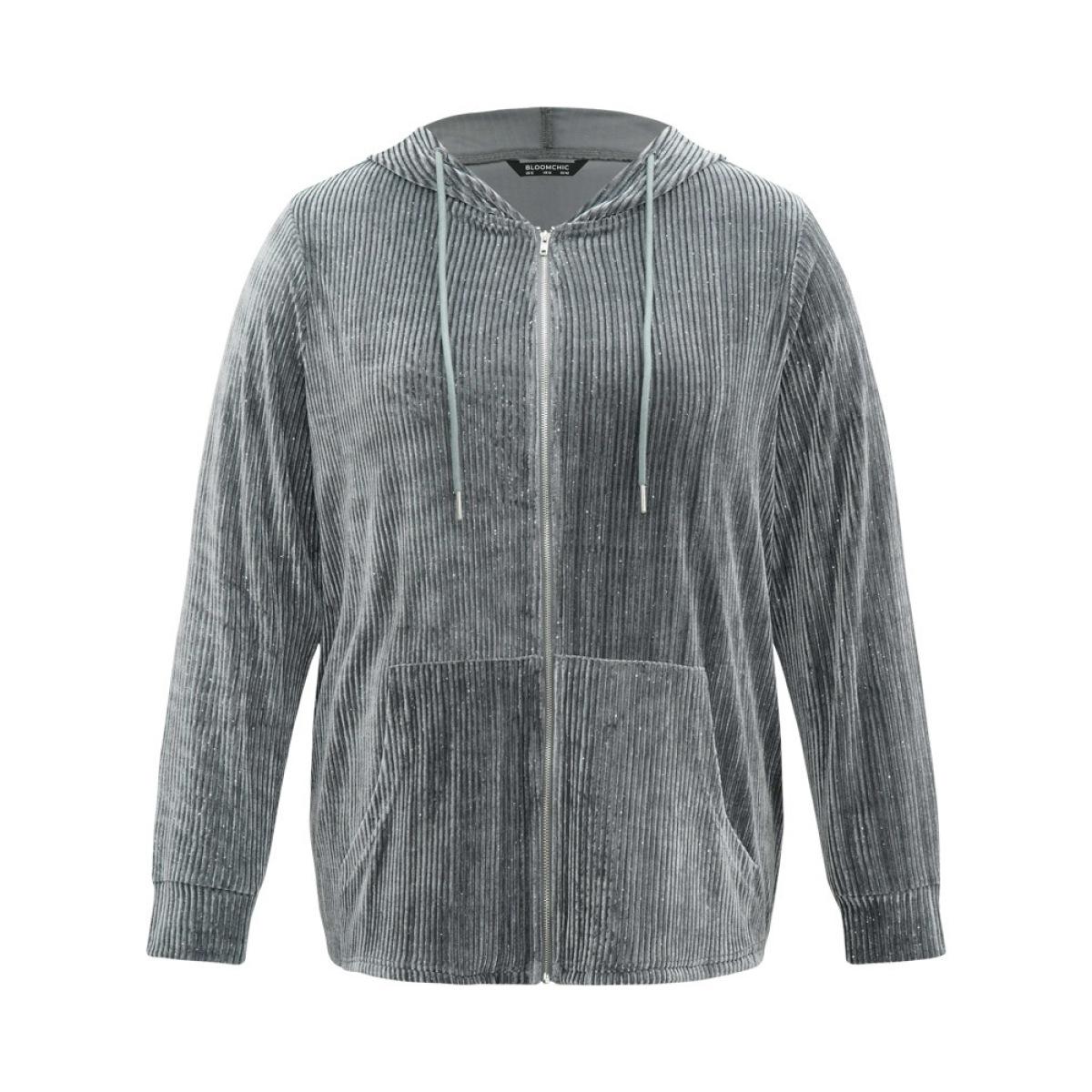 Plus Size Glitter Zipper Pocket Hooded Corduroy Sweatshirt Women SlateGray Casual Velvet Hooded Dailywear Sweatshirts BloomChic 26/4X Product Image