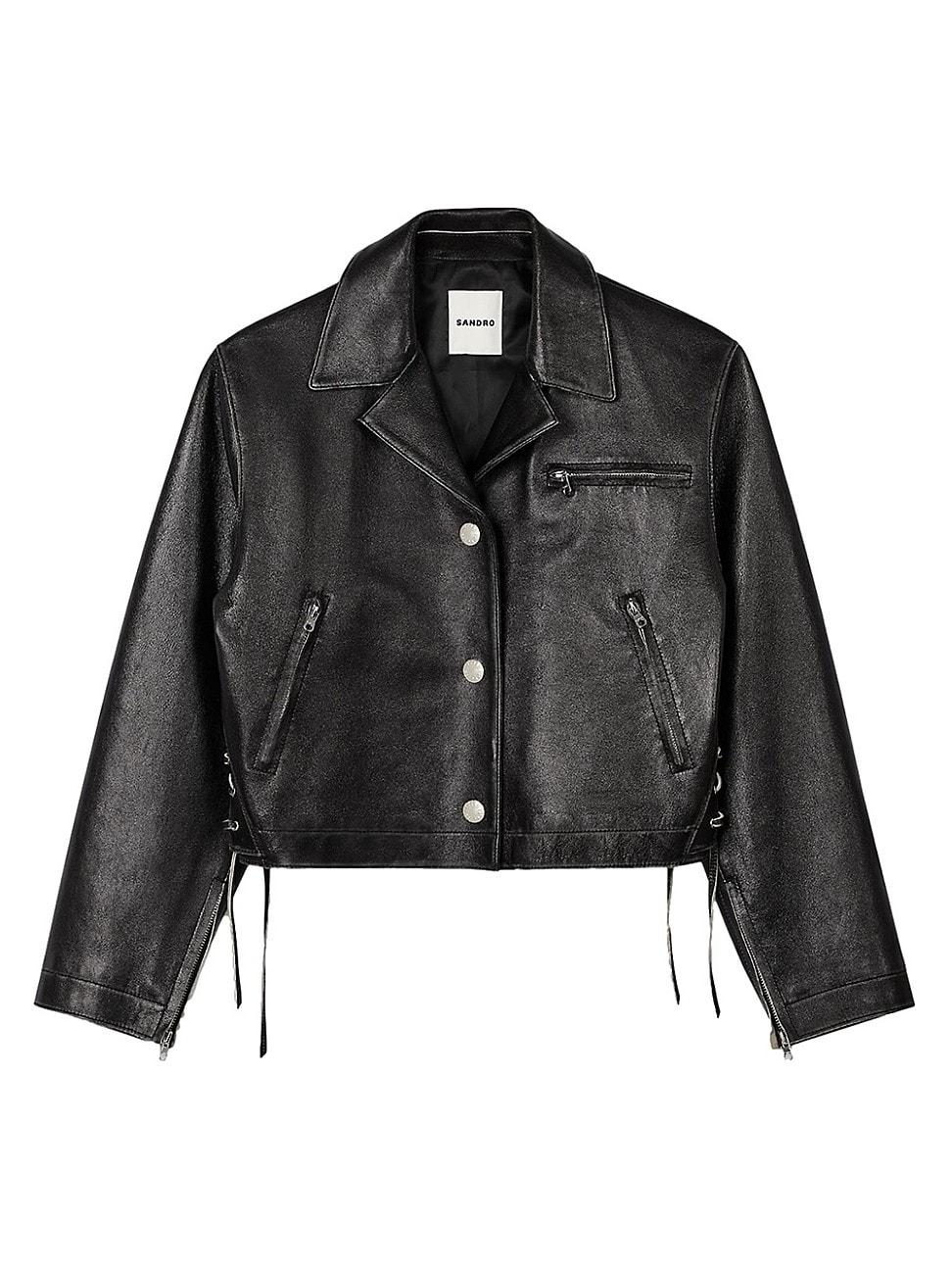 Womens Distressed Cropped Leather Jacket Product Image