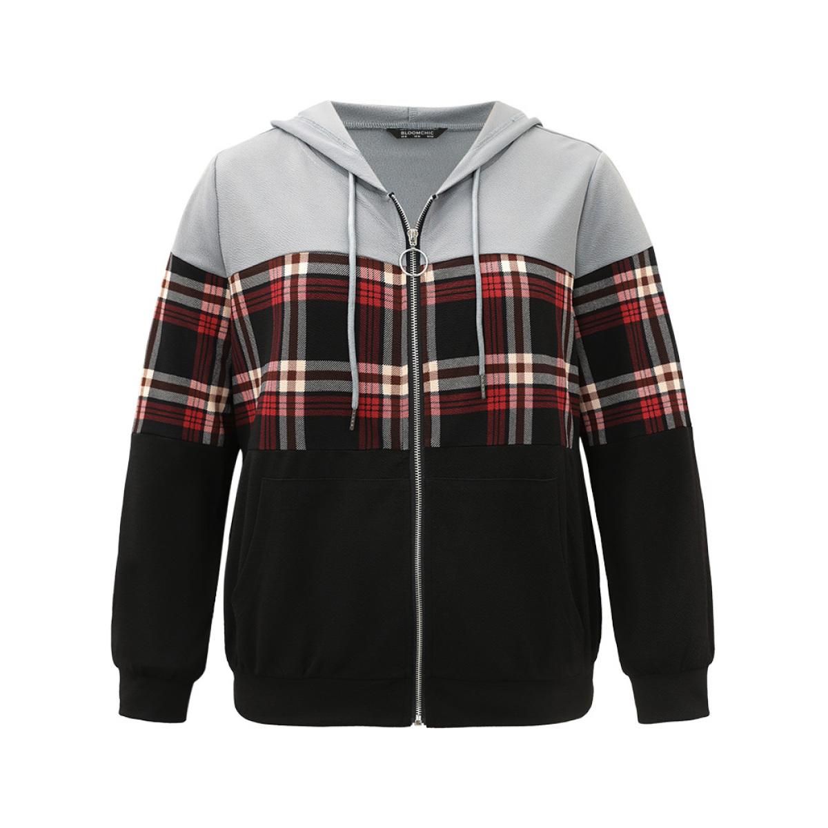 Plus Size Plaid Contrast Hooded O Ring Zipper Jacket Women Black Contrast Pocket Dailywear Jackets BloomChic 26/4X Product Image